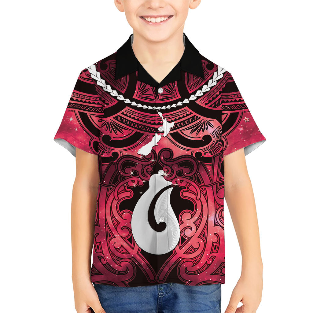 Personalised Maori Matariki Hei Matau Whero Family Matching Puletasi and Hawaiian Shirt Maori Kowhaiwhai Pattern Galaxy LT01 Son's Shirt Red - Polynesian Pride