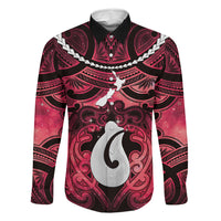 Personalised Maori Matariki Hei Matau Whero Family Matching Short Sleeve Bodycon Dress and Hawaiian Shirt Maori Kowhaiwhai Pattern Galaxy LT01 Dad's Shirt - Long Sleeve Red - Polynesian Pride