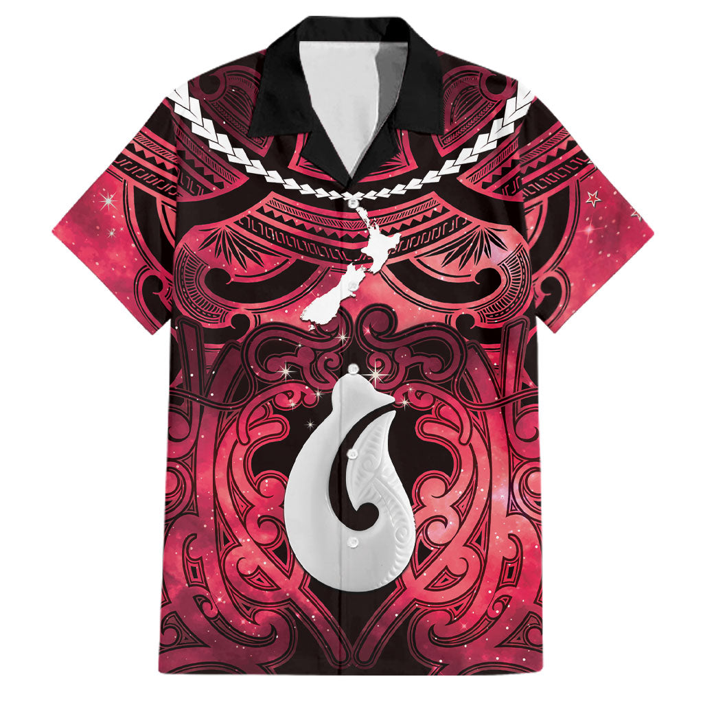 Personalised Maori Matariki Hei Matau Whero Family Matching Summer Maxi Dress and Hawaiian Shirt Maori Kowhaiwhai Pattern Galaxy LT01 Dad's Shirt - Short Sleeve Red - Polynesian Pride
