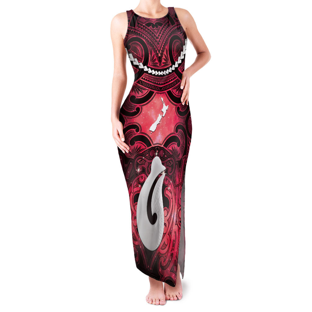 Personalised Maori Matariki Hei Matau Whero Family Matching Tank Maxi Dress and Hawaiian Shirt Maori Kowhaiwhai Pattern Galaxy LT01 Mom's Dress Red - Polynesian Pride