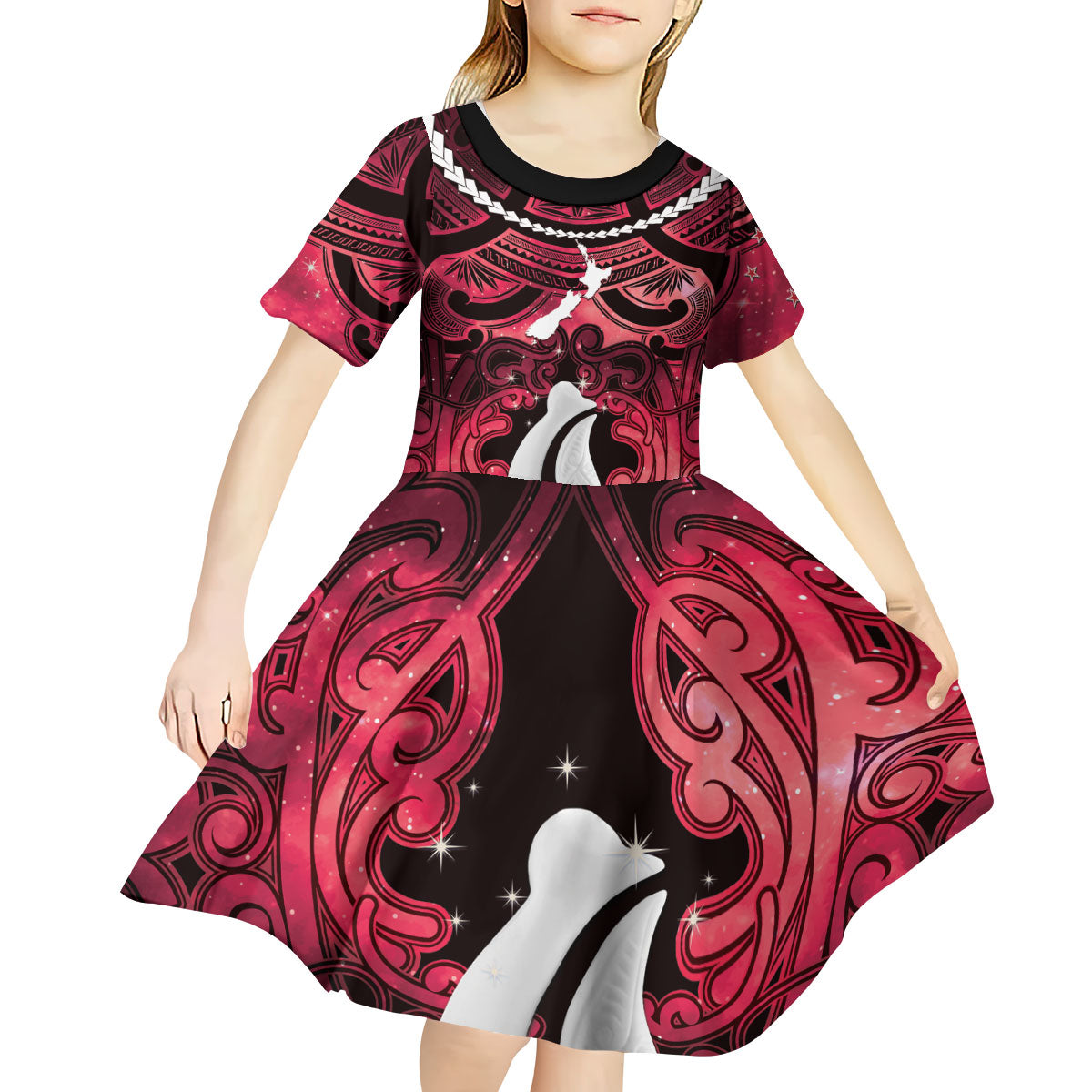 Personalised Maori Matariki Hei Matau Whero Kid Short Sleeve Dress Maori Kowhaiwhai Pattern Galaxy
