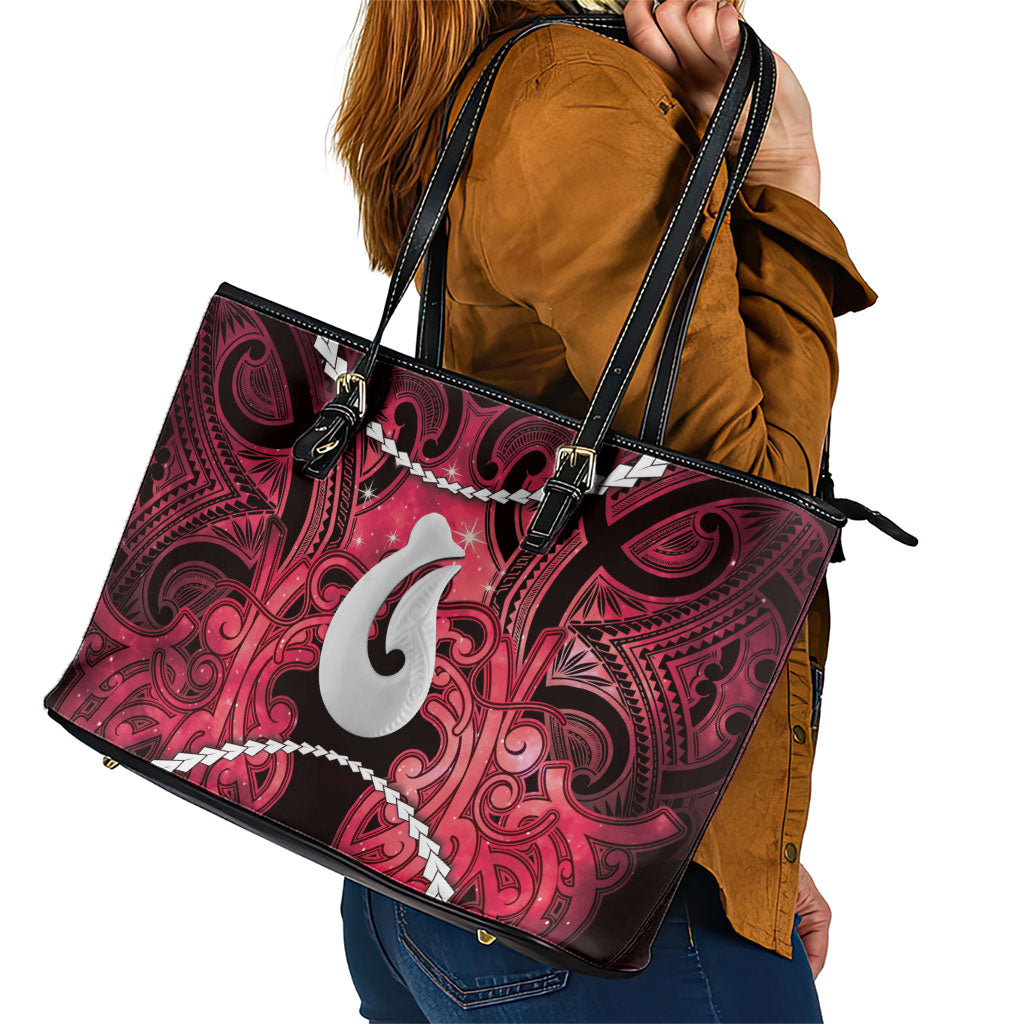 Maori Matariki Hei Matau Whero Leather Tote Bag Maori Kowhaiwhai Pattern Galaxy