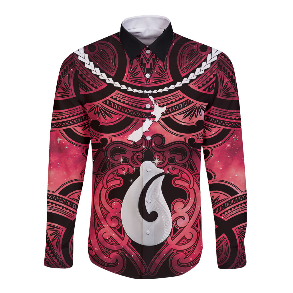 Personalised Maori Matariki Hei Matau Whero Long Sleeve Button Shirt Maori Kowhaiwhai Pattern Galaxy LT01 Unisex Red - Polynesian Pride