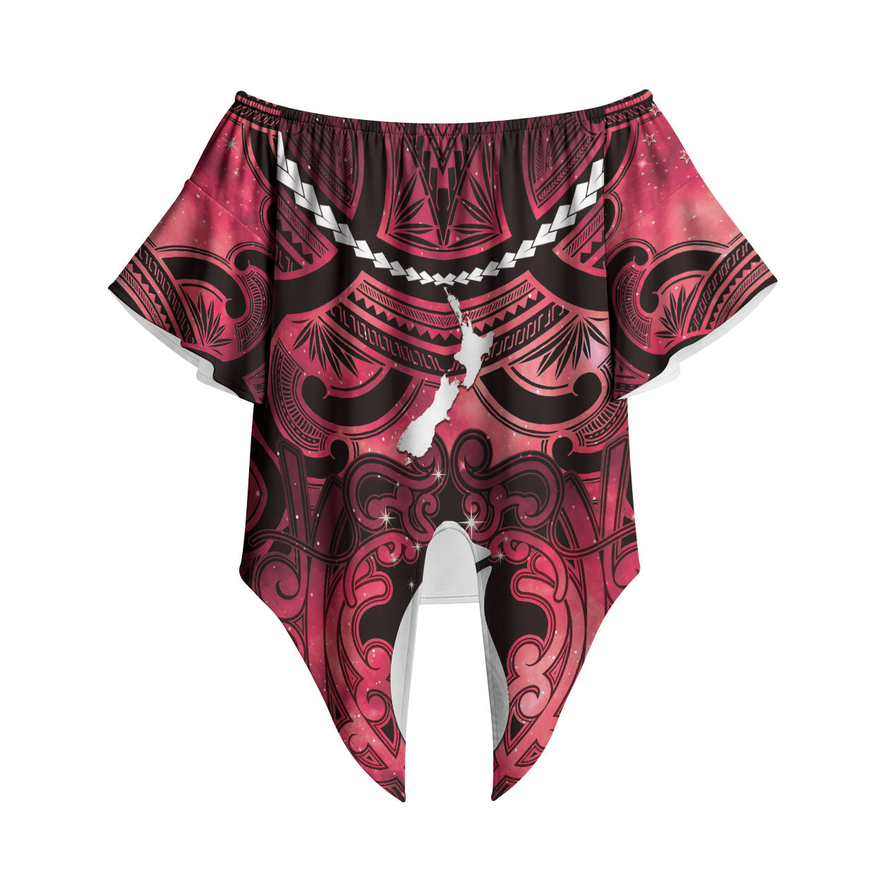 Personalised Maori Matariki Hei Matau Whero Off Shoulder Wrap Waist Top Maori Kowhaiwhai Pattern Galaxy LT01 Red - Polynesian Pride