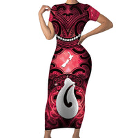 Personalised Maori Matariki Hei Matau Whero Short Sleeve Bodycon Dress Maori Kowhaiwhai Pattern Galaxy LT01 Long Dress Red - Polynesian Pride