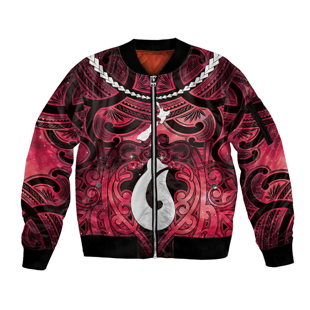 Personalised Maori Matariki Hei Matau Whero Sleeve Zip Bomber Jacket Maori Kowhaiwhai Pattern Galaxy LT01 Unisex Red - Polynesian Pride