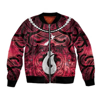 Personalised Maori Matariki Hei Matau Whero Sleeve Zip Bomber Jacket Maori Kowhaiwhai Pattern Galaxy LT01 Unisex Red - Polynesian Pride