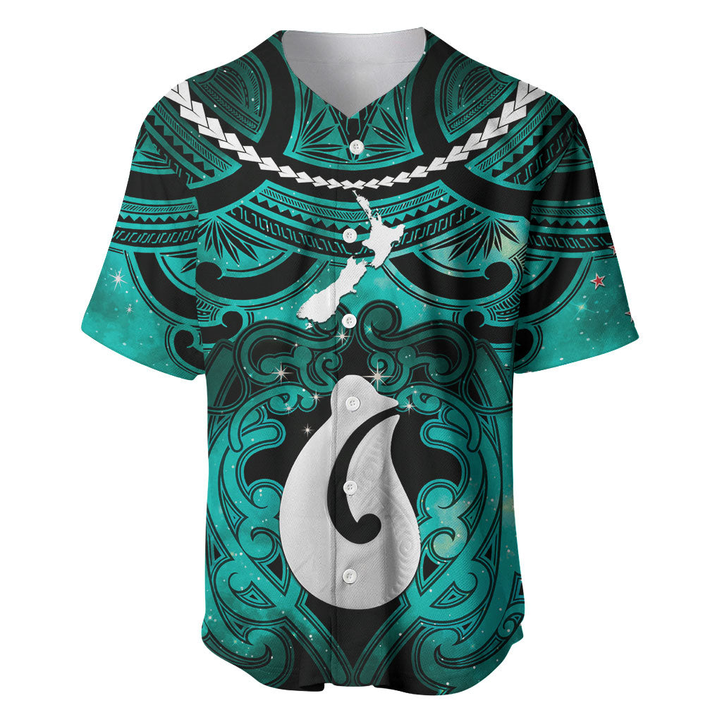 Personalised Maori Matariki Hei Matau Turquoise Baseball Jersey Maori Kowhaiwhai Pattern Galaxy