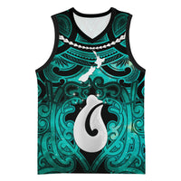 Personalised Maori Matariki Hei Matau Turquoise Basketball Jersey Maori Kowhaiwhai Pattern Galaxy