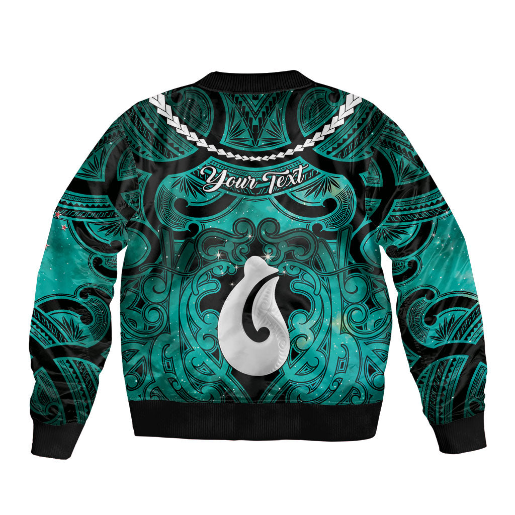 Personalised Maori Matariki Hei Matau Turquoise Bomber Jacket Maori Kowhaiwhai Pattern Galaxy