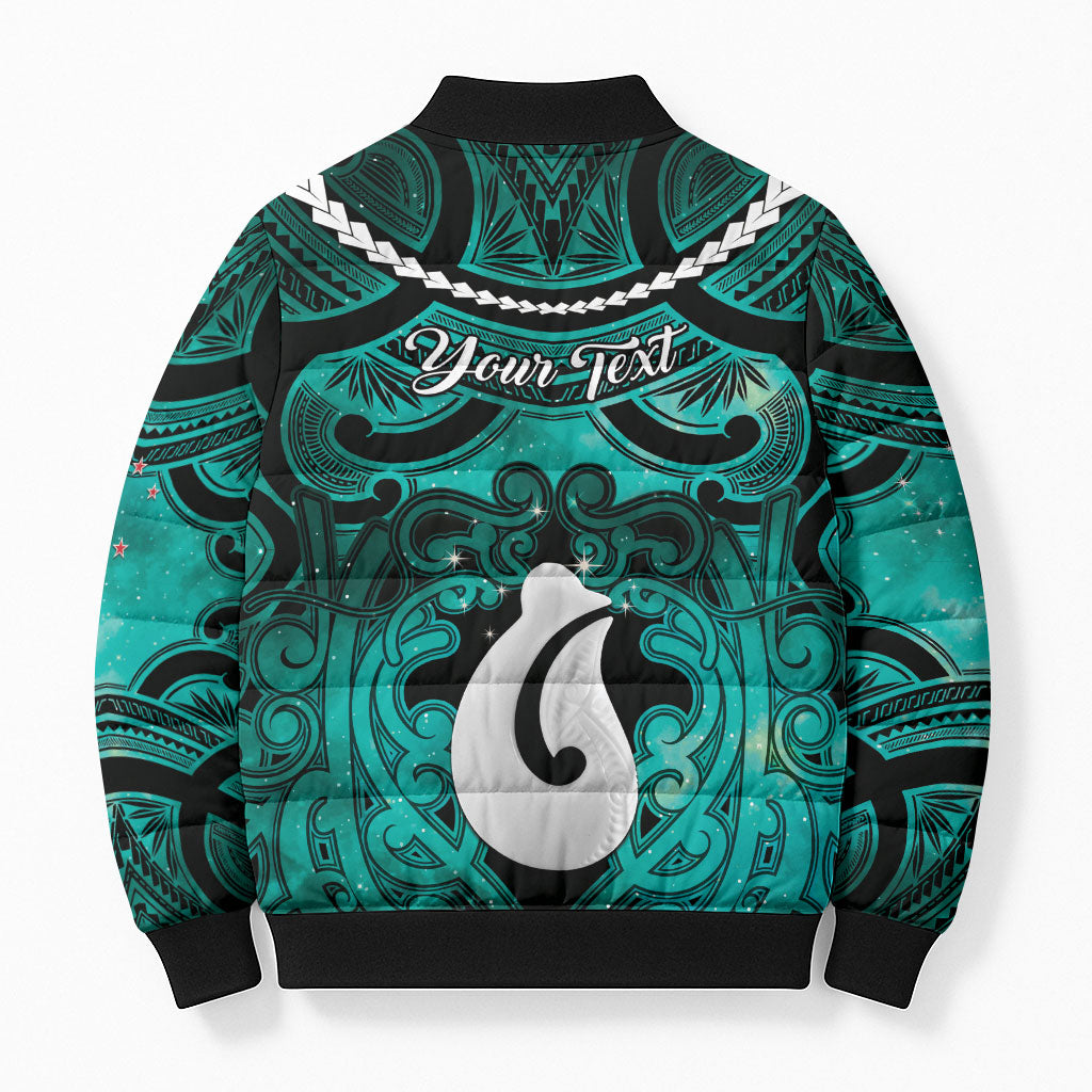 Personalised Maori Matariki Hei Matau Turquoise Bomber Puffer Jacket Maori Kowhaiwhai Pattern Galaxy