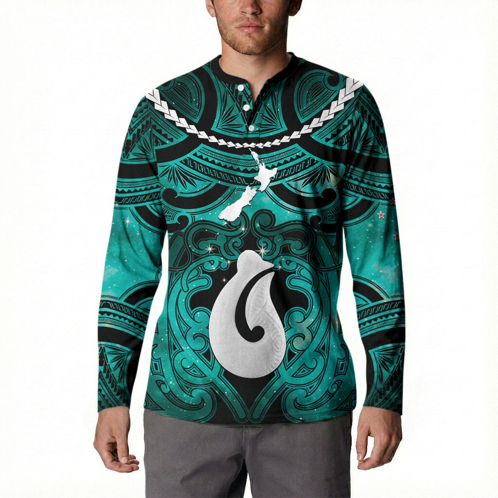 Personalised Maori Matariki Hei Matau Turquoise Button Sweatshirt Maori Kowhaiwhai Pattern Galaxy