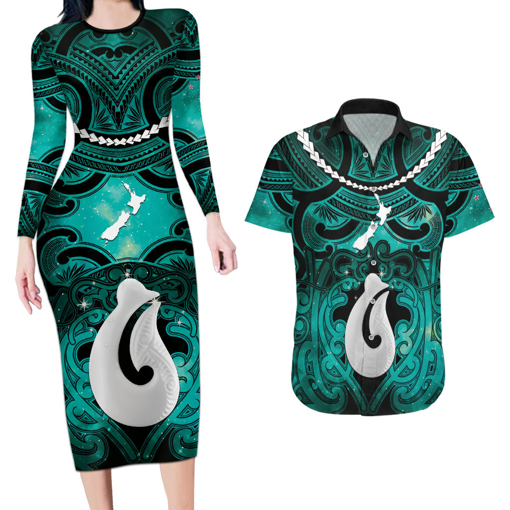 Personalised Maori Matariki Hei Matau Turquoise Couples Matching Long Sleeve Bodycon Dress and Hawaiian Shirt Maori Kowhaiwhai Pattern Galaxy LT01 Turquoise - Polynesian Pride