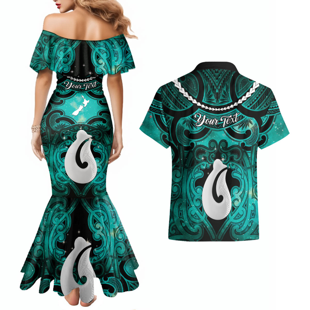 Personalised Maori Matariki Hei Matau Turquoise Couples Matching Mermaid Dress and Hawaiian Shirt Maori Kowhaiwhai Pattern Galaxy LT01 - Polynesian Pride