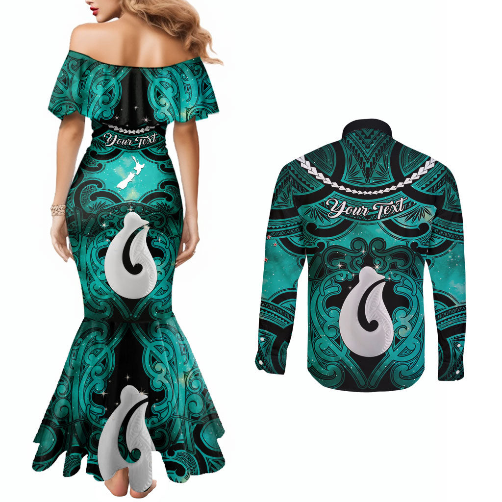 Personalised Maori Matariki Hei Matau Turquoise Couples Matching Mermaid Dress and Long Sleeve Button Shirt Maori Kowhaiwhai Pattern Galaxy LT01 - Polynesian Pride