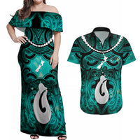 Personalised Maori Matariki Hei Matau Turquoise Couples Matching Off Shoulder Maxi Dress and Hawaiian Shirt Maori Kowhaiwhai Pattern Galaxy LT01 Turquoise - Polynesian Pride