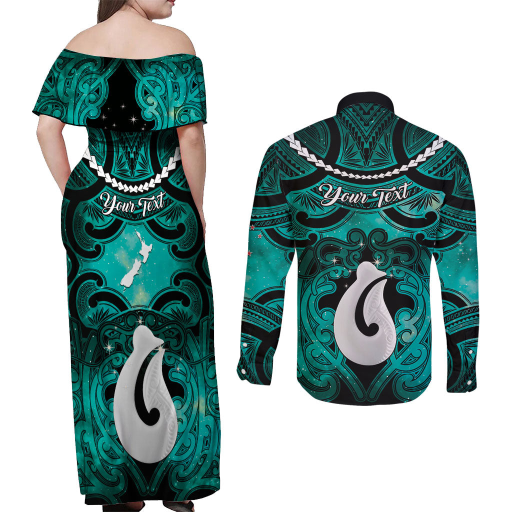 Personalised Maori Matariki Hei Matau Turquoise Couples Matching Off Shoulder Maxi Dress and Long Sleeve Button Shirt Maori Kowhaiwhai Pattern Galaxy LT01 - Polynesian Pride