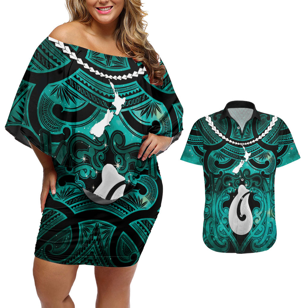 Personalised Maori Matariki Hei Matau Turquoise Couples Matching Off Shoulder Short Dress and Hawaiian Shirt Maori Kowhaiwhai Pattern Galaxy