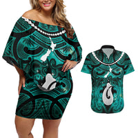 Personalised Maori Matariki Hei Matau Turquoise Couples Matching Off Shoulder Short Dress and Hawaiian Shirt Maori Kowhaiwhai Pattern Galaxy LT01 Turquoise - Polynesian Pride
