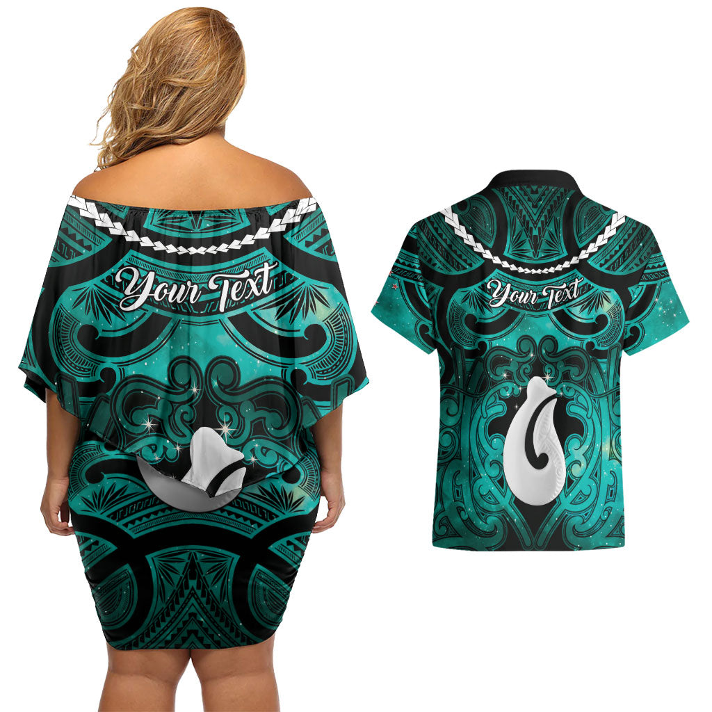 Personalised Maori Matariki Hei Matau Turquoise Couples Matching Off Shoulder Short Dress and Hawaiian Shirt Maori Kowhaiwhai Pattern Galaxy LT01 - Polynesian Pride