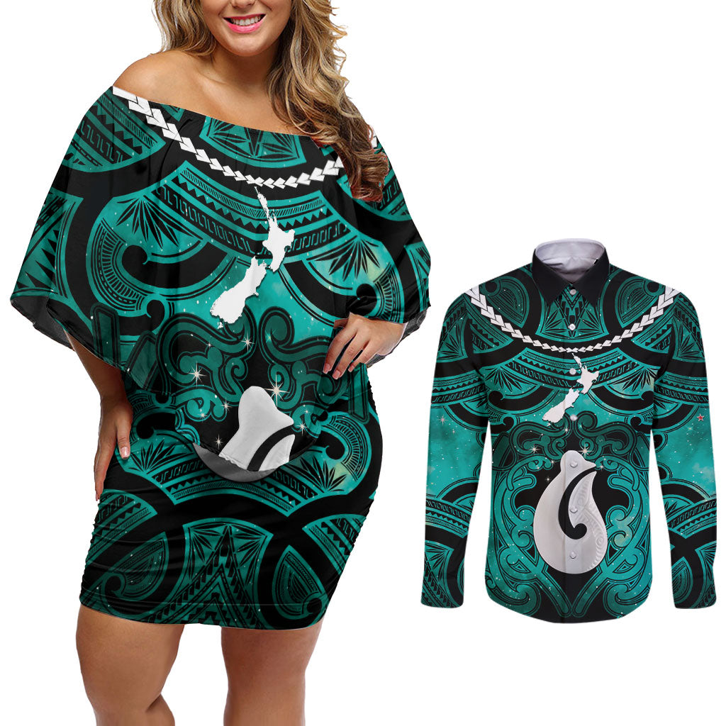 Personalised Maori Matariki Hei Matau Turquoise Couples Matching Off Shoulder Short Dress and Long Sleeve Button Shirt Maori Kowhaiwhai Pattern Galaxy