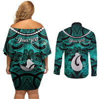 Personalised Maori Matariki Hei Matau Turquoise Couples Matching Off Shoulder Short Dress and Long Sleeve Button Shirt Maori Kowhaiwhai Pattern Galaxy LT01 - Polynesian Pride