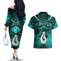 Personalised Maori Matariki Hei Matau Turquoise Couples Matching Off The Shoulder Long Sleeve Dress and Hawaiian Shirt Maori Kowhaiwhai Pattern Galaxy LT01 - Polynesian Pride