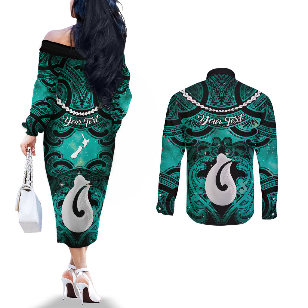 Personalised Maori Matariki Hei Matau Turquoise Couples Matching Off The Shoulder Long Sleeve Dress and Long Sleeve Button Shirt Maori Kowhaiwhai Pattern Galaxy LT01 - Polynesian Pride