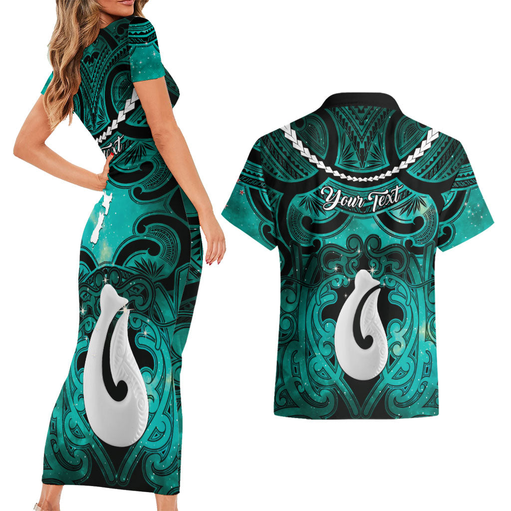 Personalised Maori Matariki Hei Matau Turquoise Couples Matching Short Sleeve Bodycon Dress and Hawaiian Shirt Maori Kowhaiwhai Pattern Galaxy LT01 - Polynesian Pride
