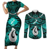 Personalised Maori Matariki Hei Matau Turquoise Couples Matching Short Sleeve Bodycon Dress and Long Sleeve Button Shirt Maori Kowhaiwhai Pattern Galaxy LT01 Turquoise - Polynesian Pride