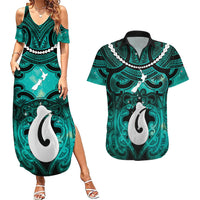 Personalised Maori Matariki Hei Matau Turquoise Couples Matching Summer Maxi Dress and Hawaiian Shirt Maori Kowhaiwhai Pattern Galaxy LT01 Turquoise - Polynesian Pride