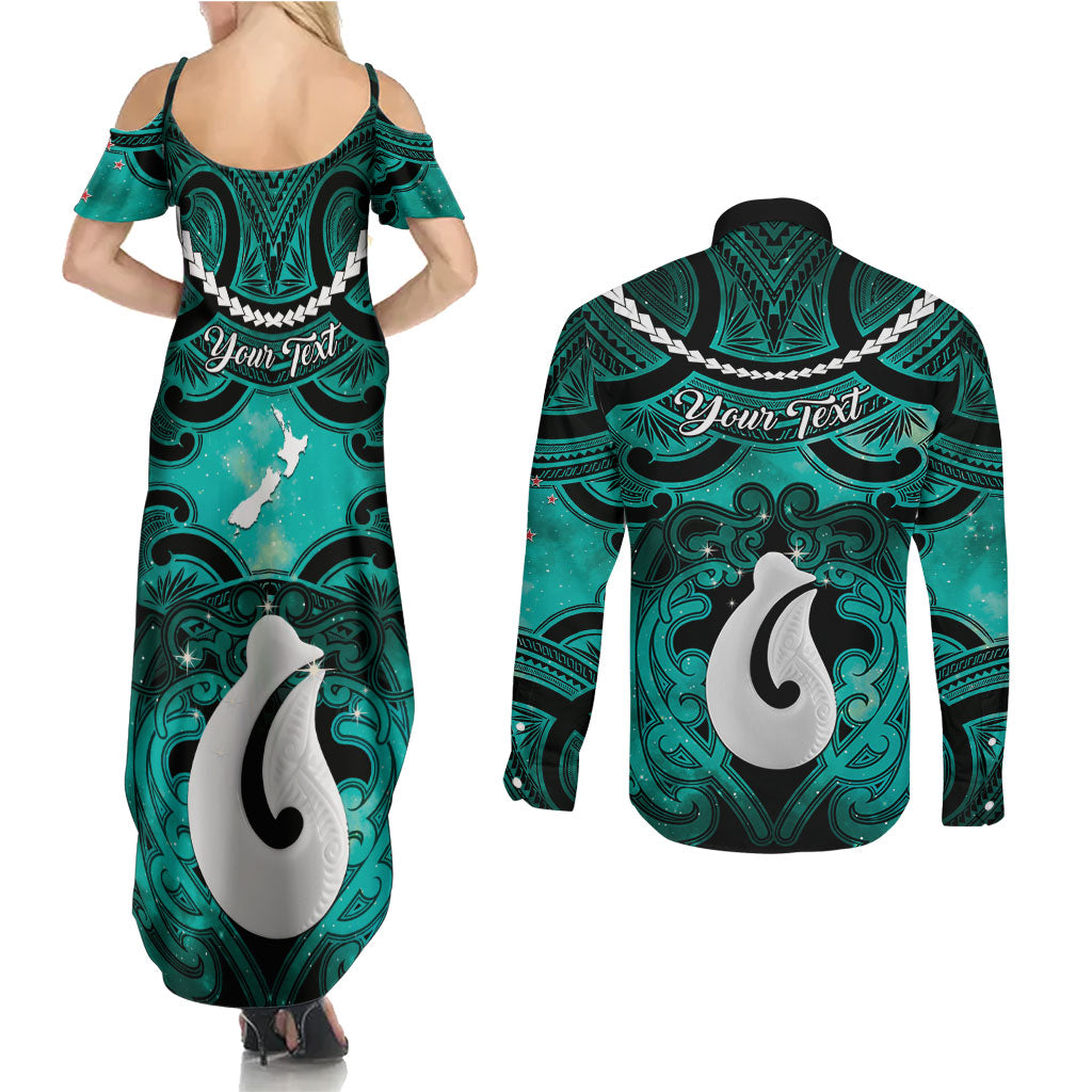 Personalised Maori Matariki Hei Matau Turquoise Couples Matching Summer Maxi Dress and Long Sleeve Button Shirt Maori Kowhaiwhai Pattern Galaxy LT01 - Polynesian Pride
