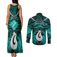 Personalised Maori Matariki Hei Matau Turquoise Couples Matching Tank Maxi Dress and Long Sleeve Button Shirt Maori Kowhaiwhai Pattern Galaxy LT01 - Polynesian Pride