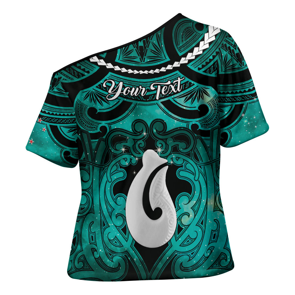 Personalised Maori Matariki Hei Matau Turquoise Cross Shoulder Shirt Maori Kowhaiwhai Pattern Galaxy