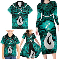 Personalised Maori Matariki Hei Matau Turquoise Family Matching Long Sleeve Bodycon Dress and Hawaiian Shirt Maori Kowhaiwhai Pattern Galaxy LT01 - Polynesian Pride