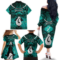Personalised Maori Matariki Hei Matau Turquoise Family Matching Off The Shoulder Long Sleeve Dress and Hawaiian Shirt Maori Kowhaiwhai Pattern Galaxy LT01 - Polynesian Pride