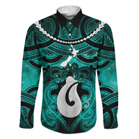 Personalised Maori Matariki Hei Matau Turquoise Family Matching Off The Shoulder Long Sleeve Dress and Hawaiian Shirt Maori Kowhaiwhai Pattern Galaxy LT01 Dad's Shirt - Long Sleeve Turquoise - Polynesian Pride