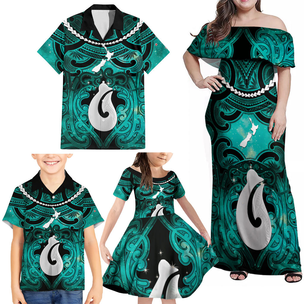 Personalised Maori Matariki Hei Matau Turquoise Family Matching Off Shoulder Maxi Dress and Hawaiian Shirt Maori Kowhaiwhai Pattern Galaxy