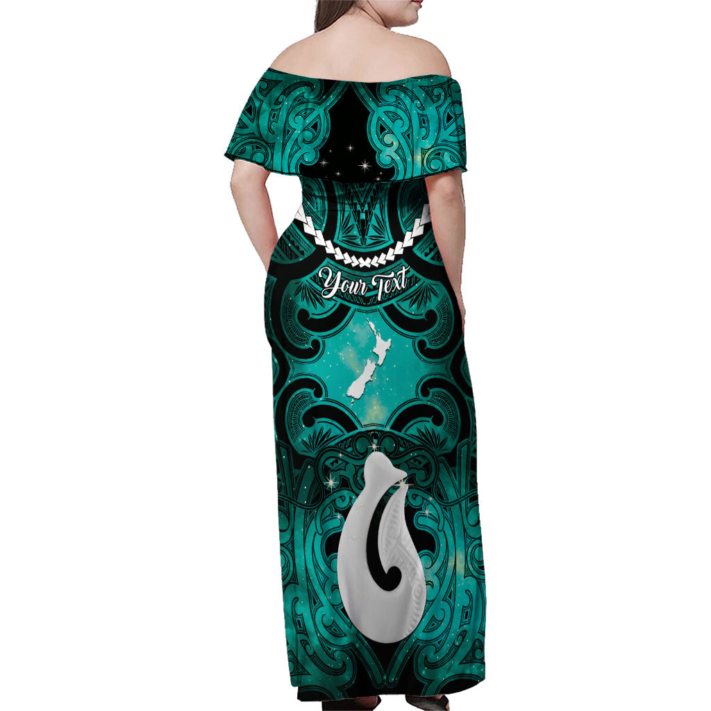 Personalised Maori Matariki Hei Matau Turquoise Family Matching Off Shoulder Maxi Dress and Hawaiian Shirt Maori Kowhaiwhai Pattern Galaxy LT01 - Polynesian Pride