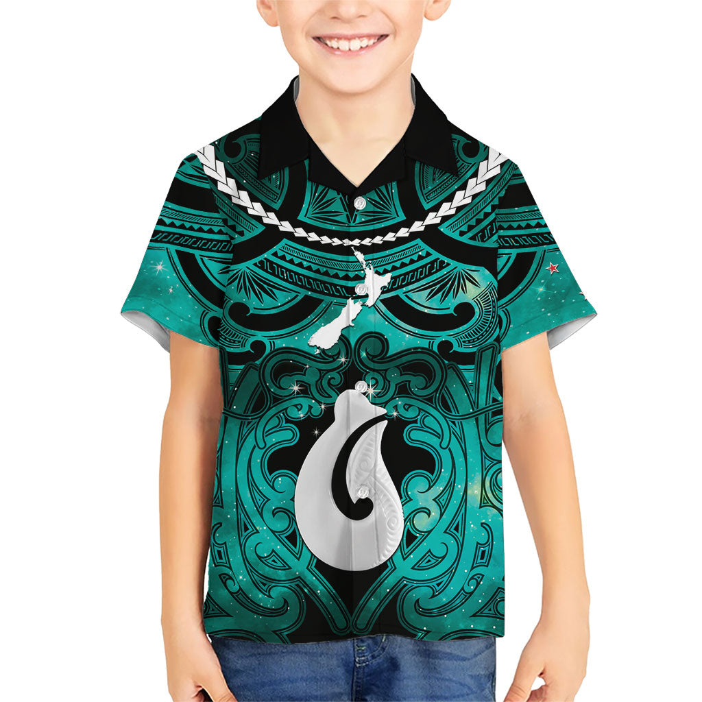 Personalised Maori Matariki Hei Matau Turquoise Family Matching Off Shoulder Short Dress and Hawaiian Shirt Maori Kowhaiwhai Pattern Galaxy LT01 Son's Shirt Turquoise - Polynesian Pride