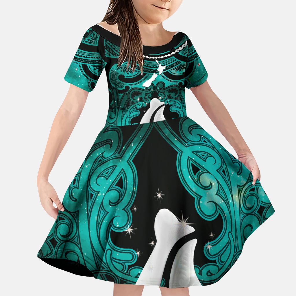 Personalised Maori Matariki Hei Matau Turquoise Family Matching Puletasi and Hawaiian Shirt Maori Kowhaiwhai Pattern Galaxy LT01 Daughter's Dress Turquoise - Polynesian Pride