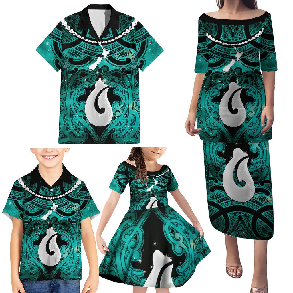 Personalised Maori Matariki Hei Matau Turquoise Family Matching Puletasi and Hawaiian Shirt Maori Kowhaiwhai Pattern Galaxy LT01 - Polynesian Pride