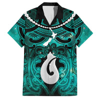 Personalised Maori Matariki Hei Matau Turquoise Family Matching Puletasi and Hawaiian Shirt Maori Kowhaiwhai Pattern Galaxy LT01 Dad's Shirt - Short Sleeve Turquoise - Polynesian Pride