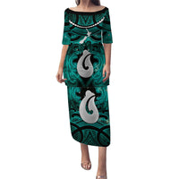 Personalised Maori Matariki Hei Matau Turquoise Family Matching Puletasi and Hawaiian Shirt Maori Kowhaiwhai Pattern Galaxy LT01 Mom's Dress Turquoise - Polynesian Pride
