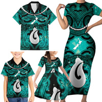 Personalised Maori Matariki Hei Matau Turquoise Family Matching Short Sleeve Bodycon Dress and Hawaiian Shirt Maori Kowhaiwhai Pattern Galaxy LT01 - Polynesian Pride