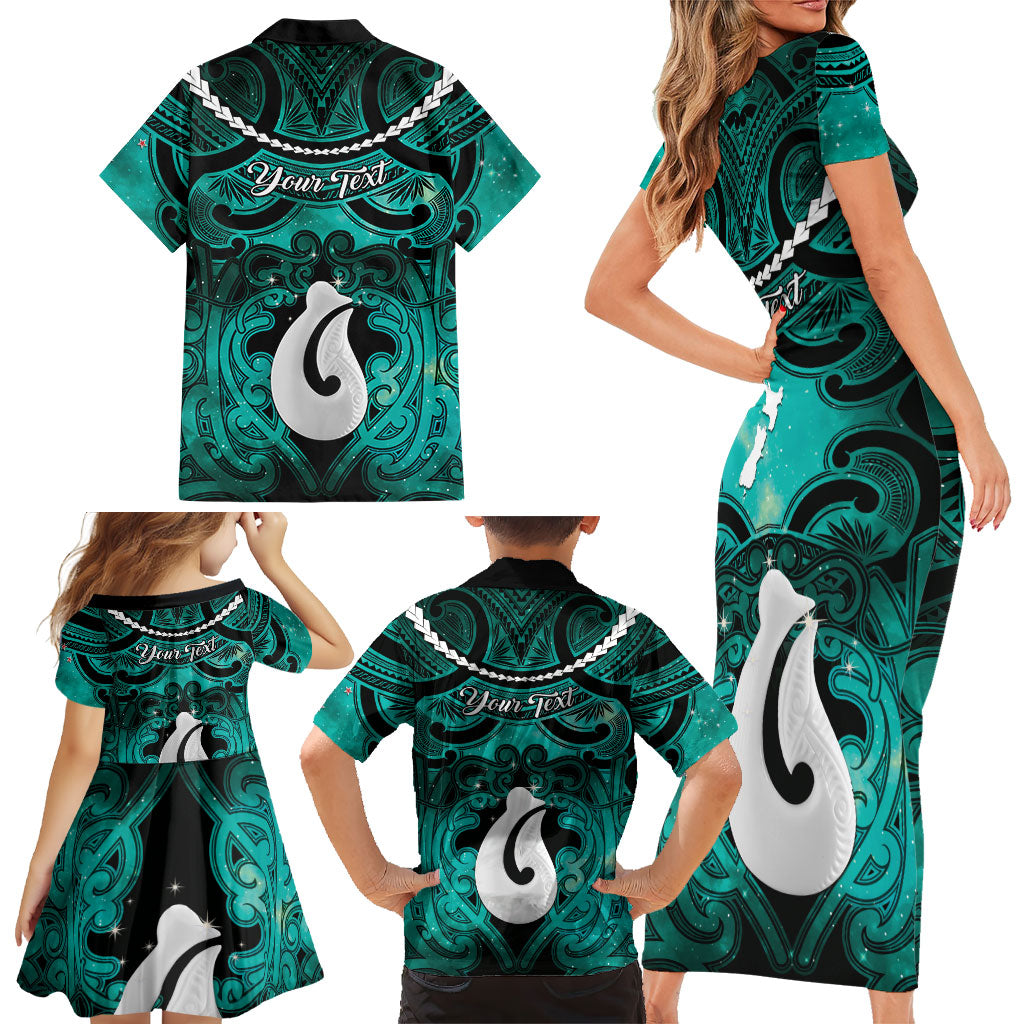 Personalised Maori Matariki Hei Matau Turquoise Family Matching Short Sleeve Bodycon Dress and Hawaiian Shirt Maori Kowhaiwhai Pattern Galaxy LT01 - Polynesian Pride