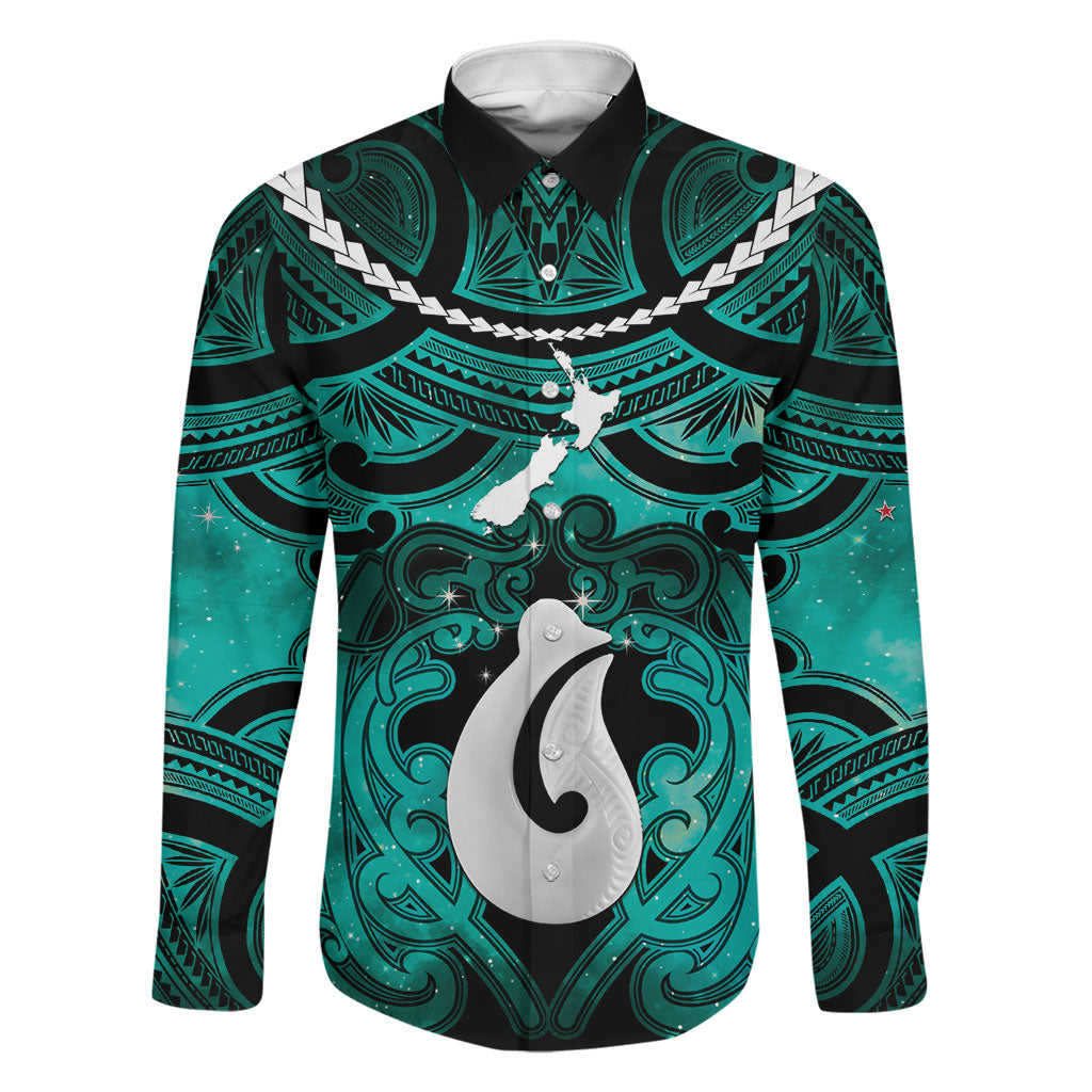 Personalised Maori Matariki Hei Matau Turquoise Family Matching Summer Maxi Dress and Hawaiian Shirt Maori Kowhaiwhai Pattern Galaxy LT01 Dad's Shirt - Long Sleeve Turquoise - Polynesian Pride