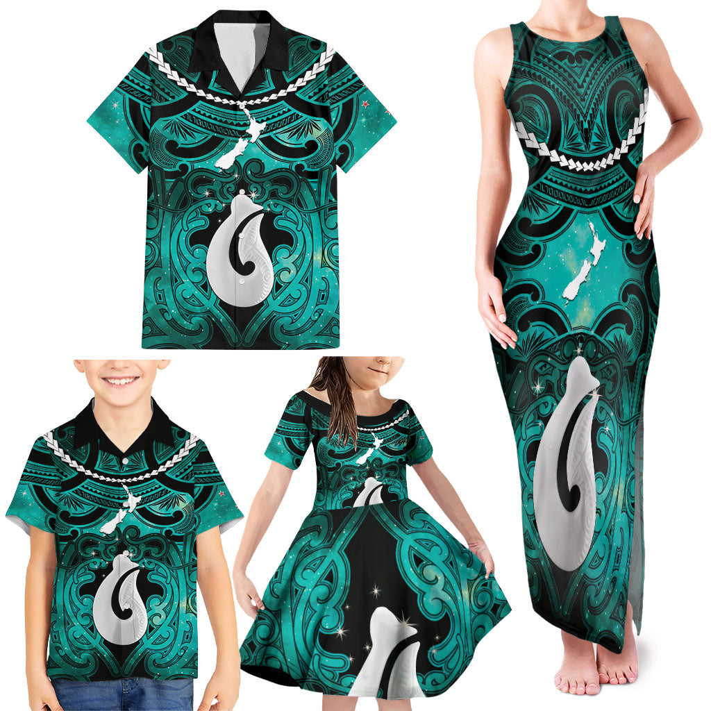 Personalised Maori Matariki Hei Matau Turquoise Family Matching Tank Maxi Dress and Hawaiian Shirt Maori Kowhaiwhai Pattern Galaxy LT01 - Polynesian Pride