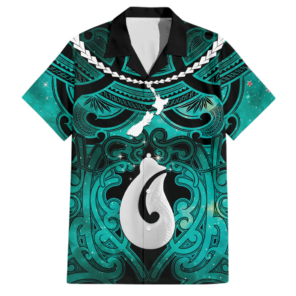 Personalised Maori Matariki Hei Matau Turquoise Family Matching Tank Maxi Dress and Hawaiian Shirt Maori Kowhaiwhai Pattern Galaxy LT01 Dad's Shirt - Short Sleeve Turquoise - Polynesian Pride
