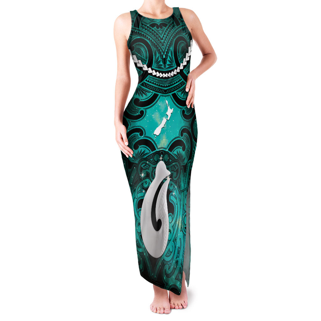 Personalised Maori Matariki Hei Matau Turquoise Family Matching Tank Maxi Dress and Hawaiian Shirt Maori Kowhaiwhai Pattern Galaxy LT01 Mom's Dress Turquoise - Polynesian Pride